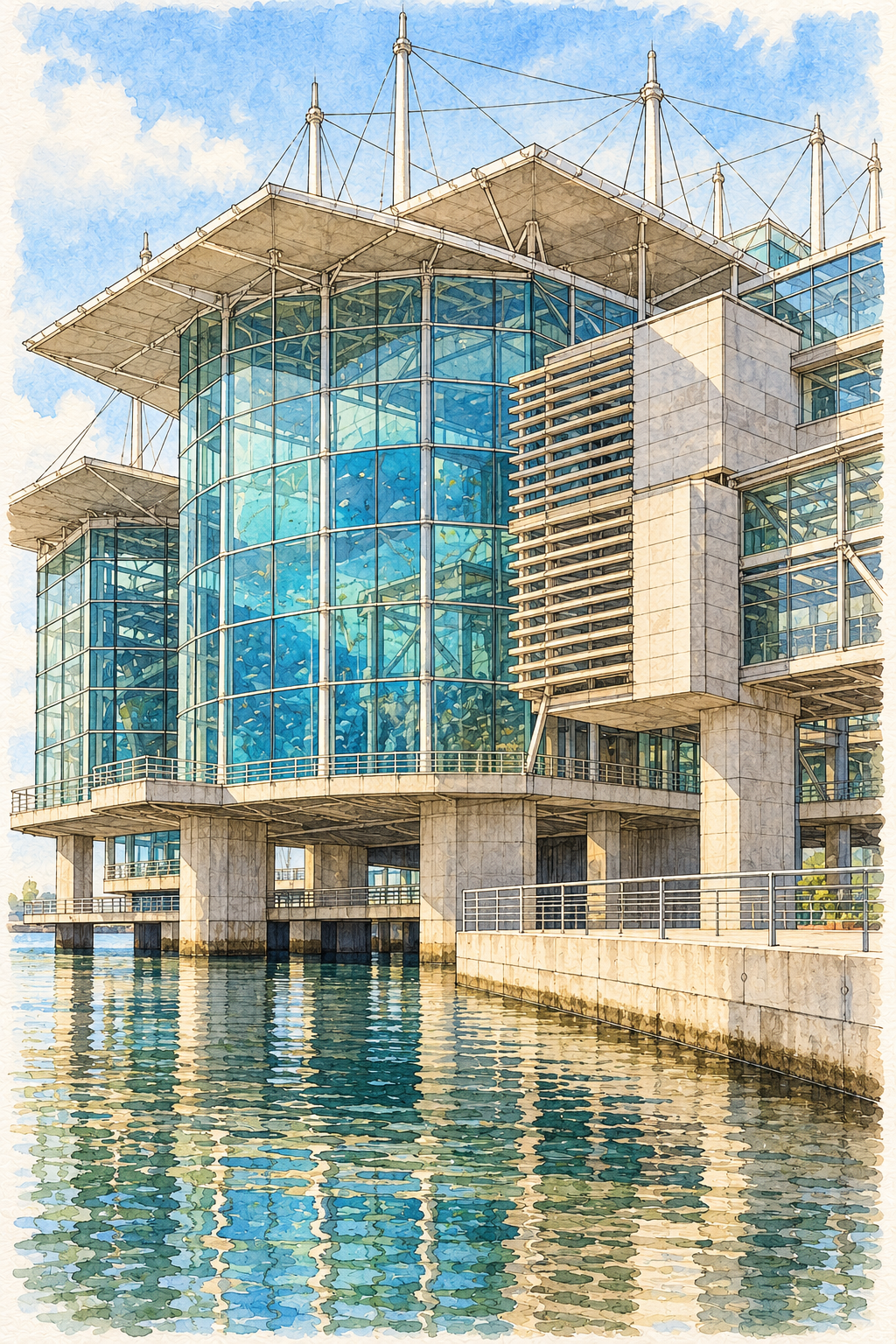 Lisbon Oceanarium by Still Water, Lisbon vertical ink and watercolour artwork