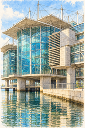 Lisbon Oceanarium by Still Water, Lisbon vertical ink and watercolour artwork