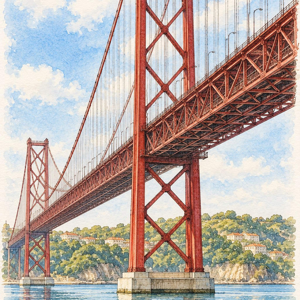 Ponte 25 de Abril over the Tagus, Lisbon vertical ink and watercolour artwork