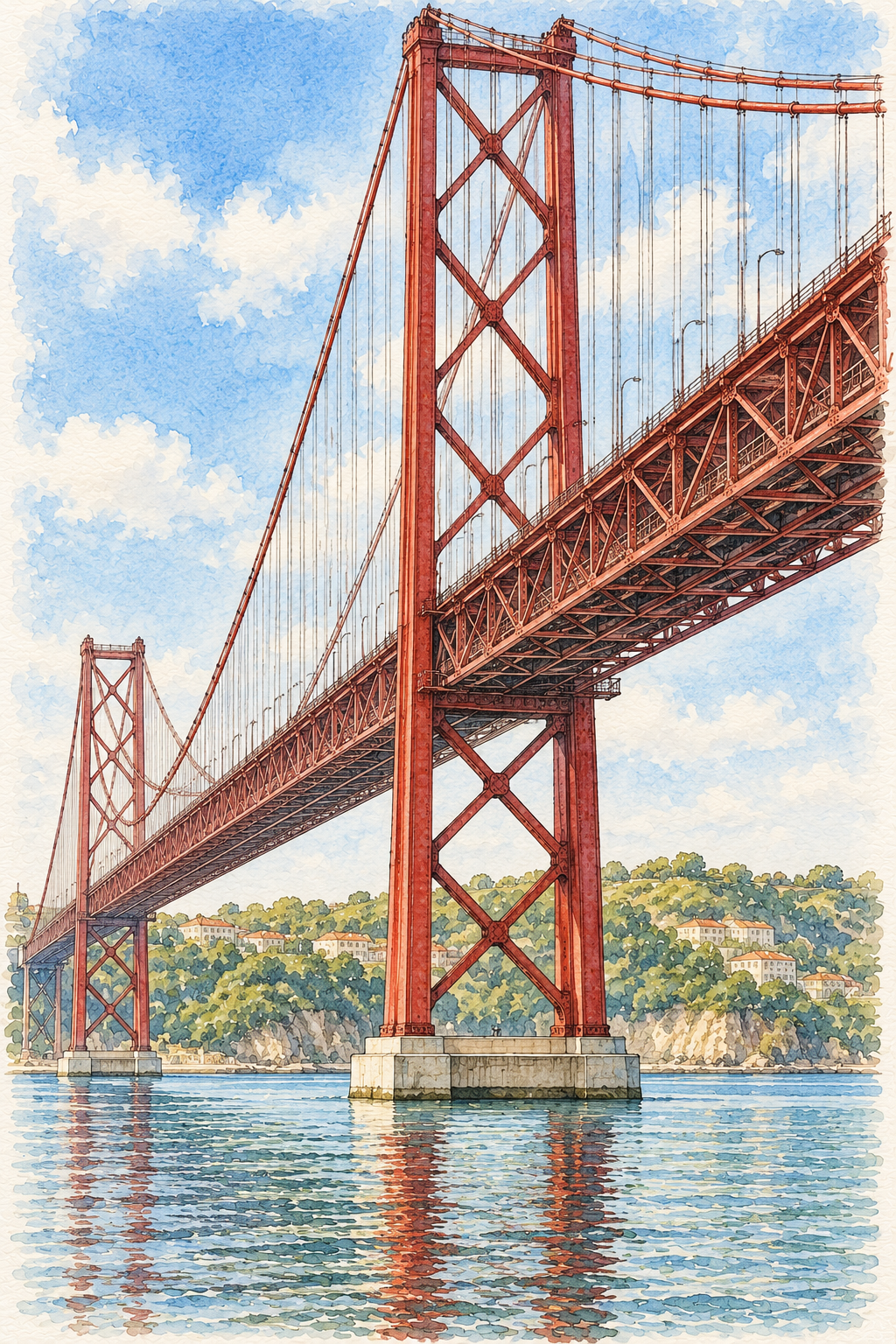 Ponte 25 de Abril over the Tagus, Lisbon vertical ink and watercolour artwork