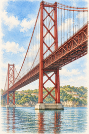 Ponte 25 de Abril over the Tagus, Lisbon vertical ink and watercolour artwork