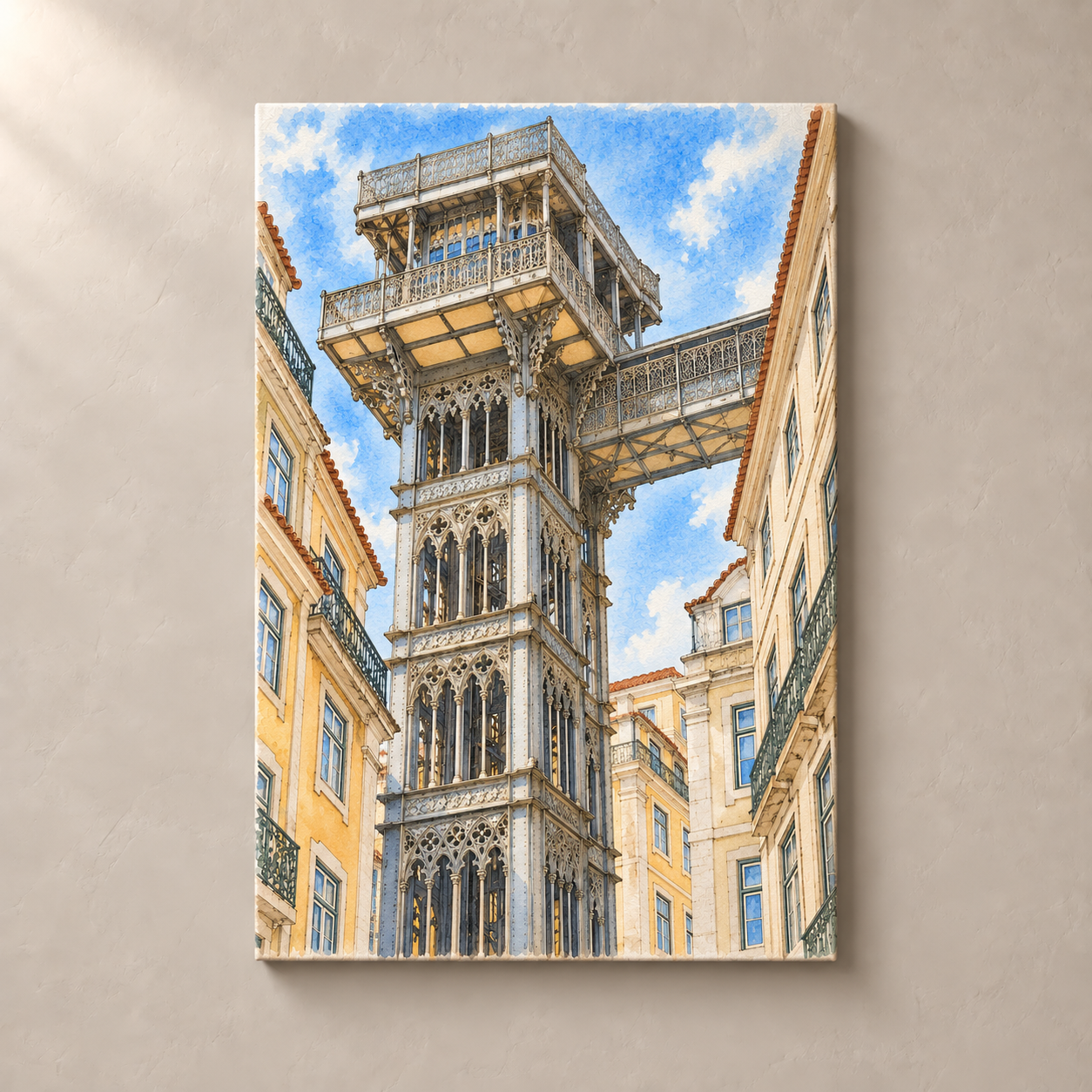 Santa Justa Lift between Lisbon Facades – canvas standalone mockup on beige wall