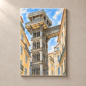 Santa Justa Lift between Lisbon Facades – canvas standalone mockup on beige wall