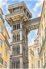 Santa Justa Lift between Lisbon Facades, Lisbon vertical ink and watercolour artwork