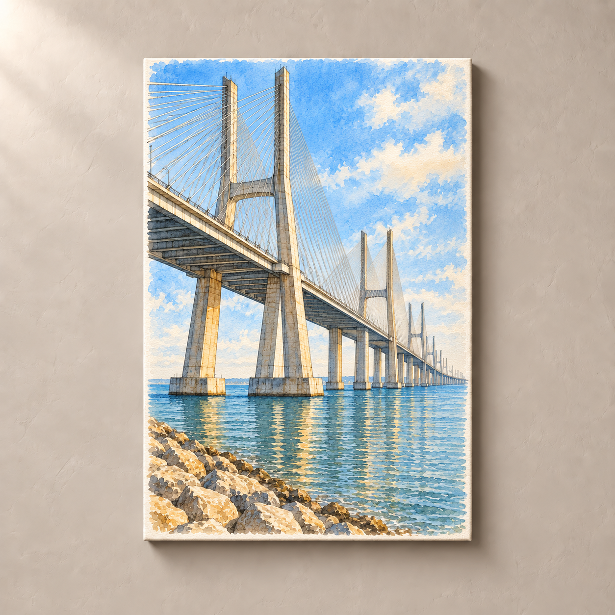 Vasco da Gama Bridge over the Tagus – canvas standalone mockup on beige wall