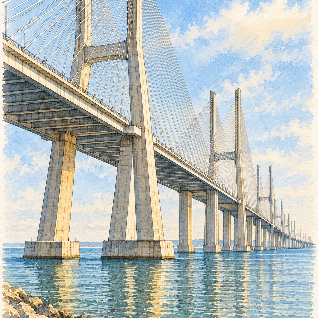 Vasco da Gama Bridge over the Tagus, Lisbon vertical ink and watercolour artwork