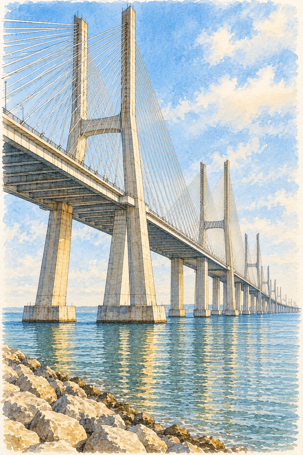 Vasco da Gama Bridge over the Tagus, Lisbon vertical ink and watercolour artwork