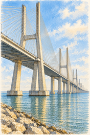 Vasco da Gama Bridge over the Tagus, Lisbon vertical ink and watercolour artwork
