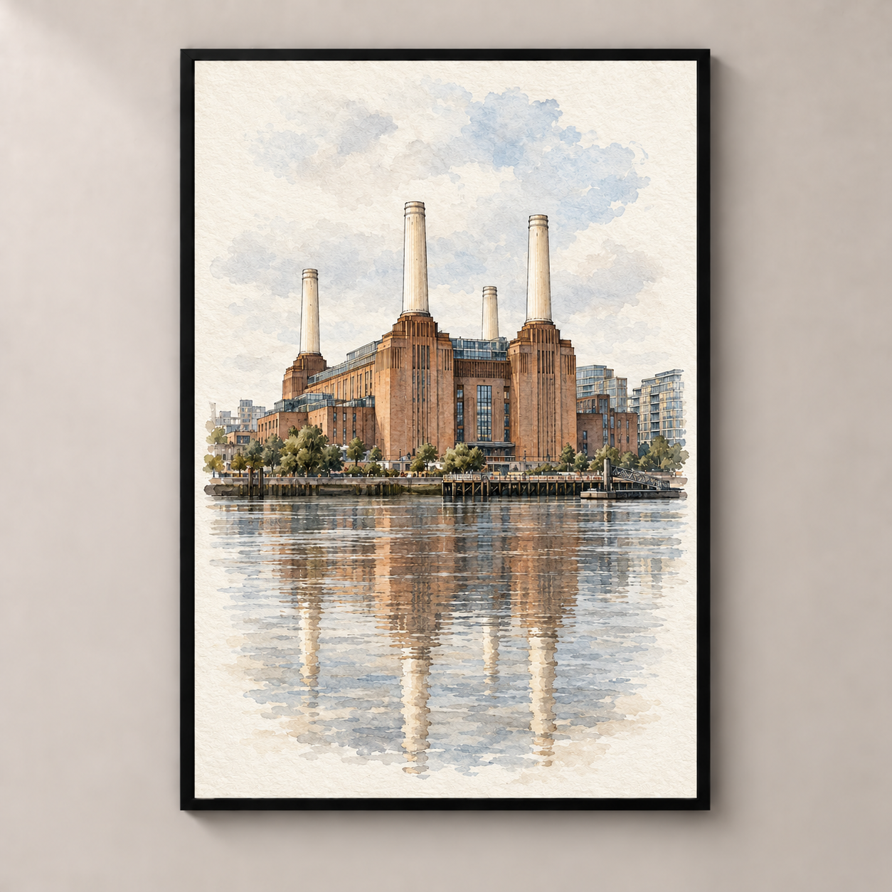 Battersea Power Station by the Thames – poster standalone mockup on beige wall