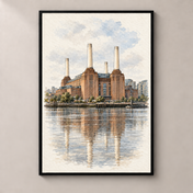 Battersea Power Station by the Thames – poster standalone mockup on beige wall