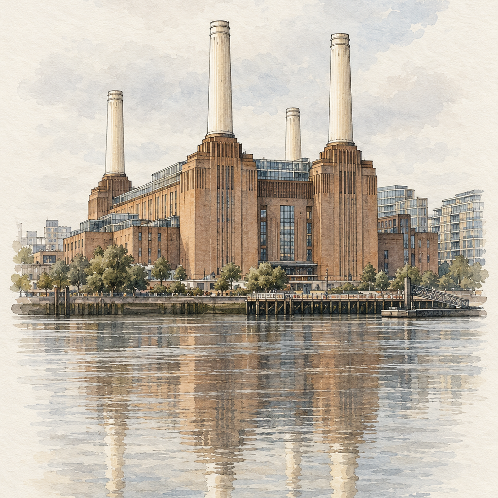 Battersea Power Station by the Thames, London vertical ink and watercolour artwork
