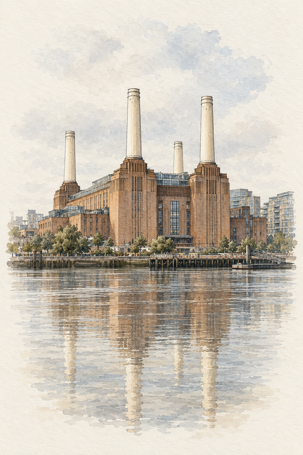 Battersea Power Station by the Thames, London vertical ink and watercolour artwork