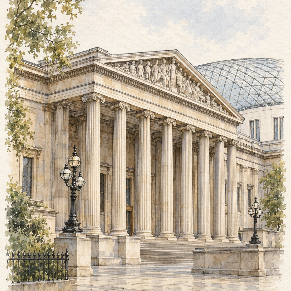 British Museum in Soft Watercolour, London vertical ink and watercolour artwork