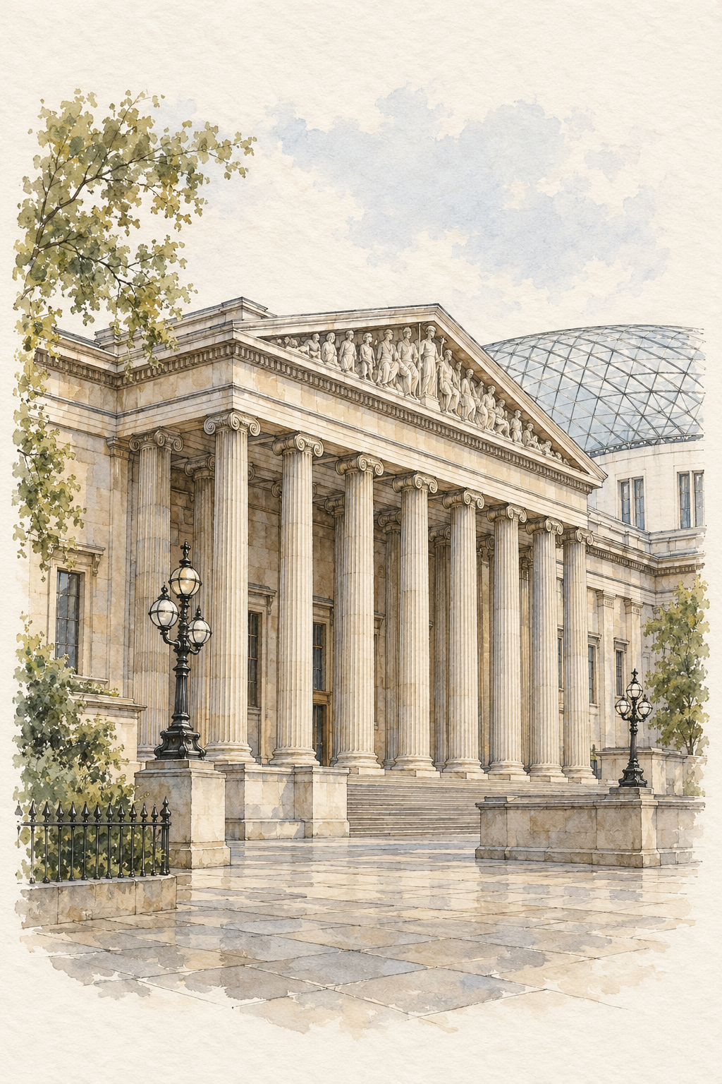 British Museum in Soft Watercolour, London vertical ink and watercolour artwork