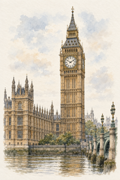 Elizabeth Tower in Soft Watercolour, London vertical ink and watercolour artwork