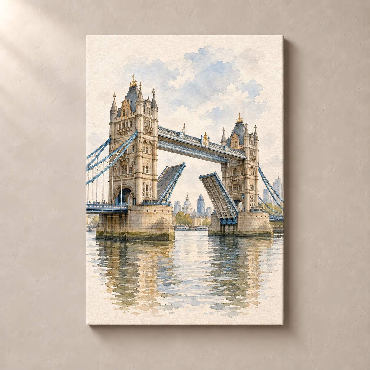 Tower Bridge over the Thames – canvas standalone mockup on beige wall