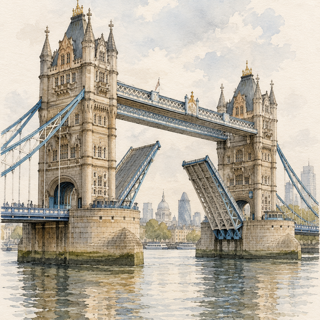 Tower Bridge over the Thames, London vertical ink and watercolour artwork