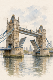 Tower Bridge over the Thames, London vertical ink and watercolour artwork