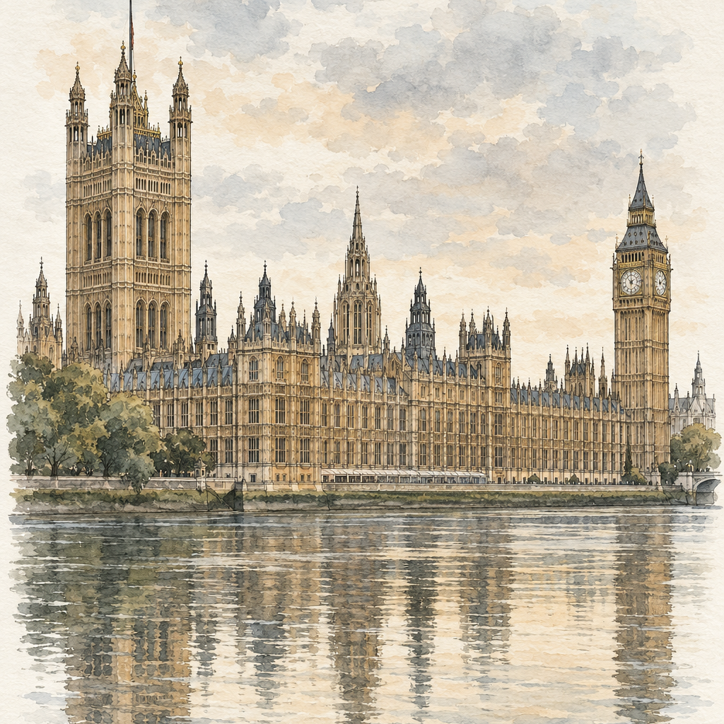 Westminster by the Thames, London vertical ink and watercolour artwork