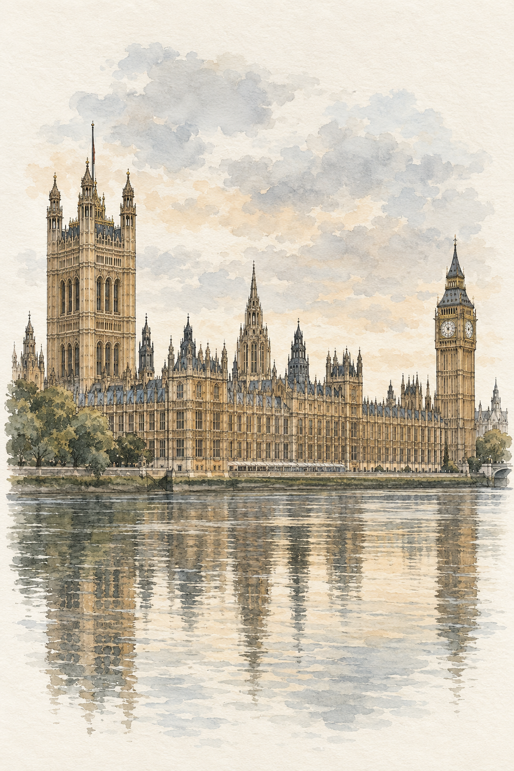 Westminster by the Thames, London vertical ink and watercolour artwork