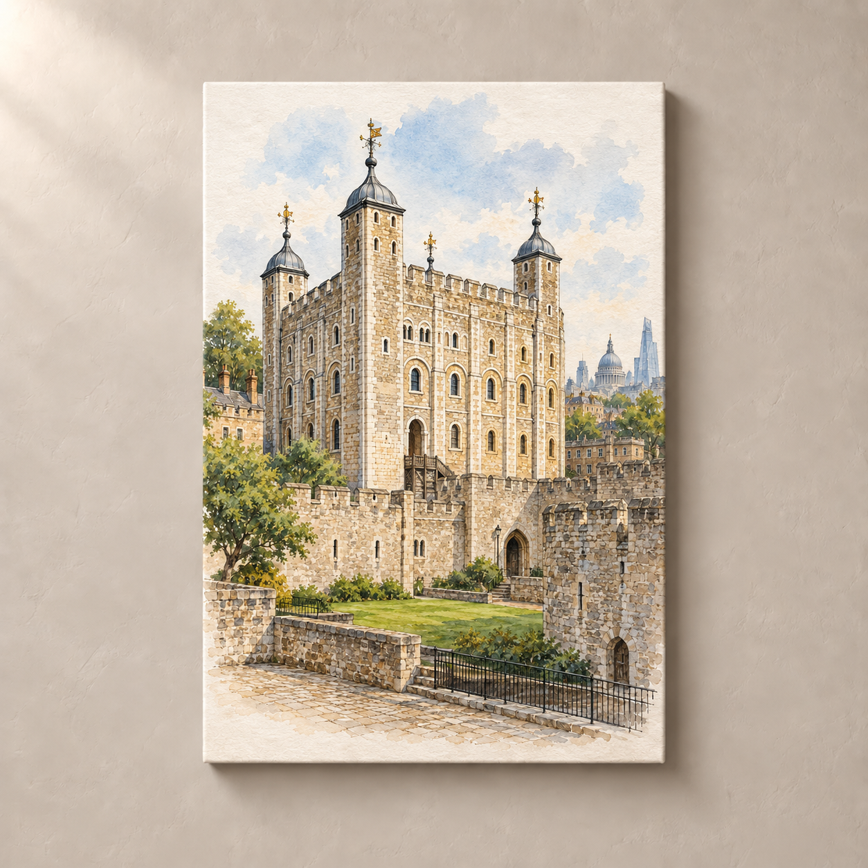 White Tower in Watercolour – canvas standalone mockup on beige wall