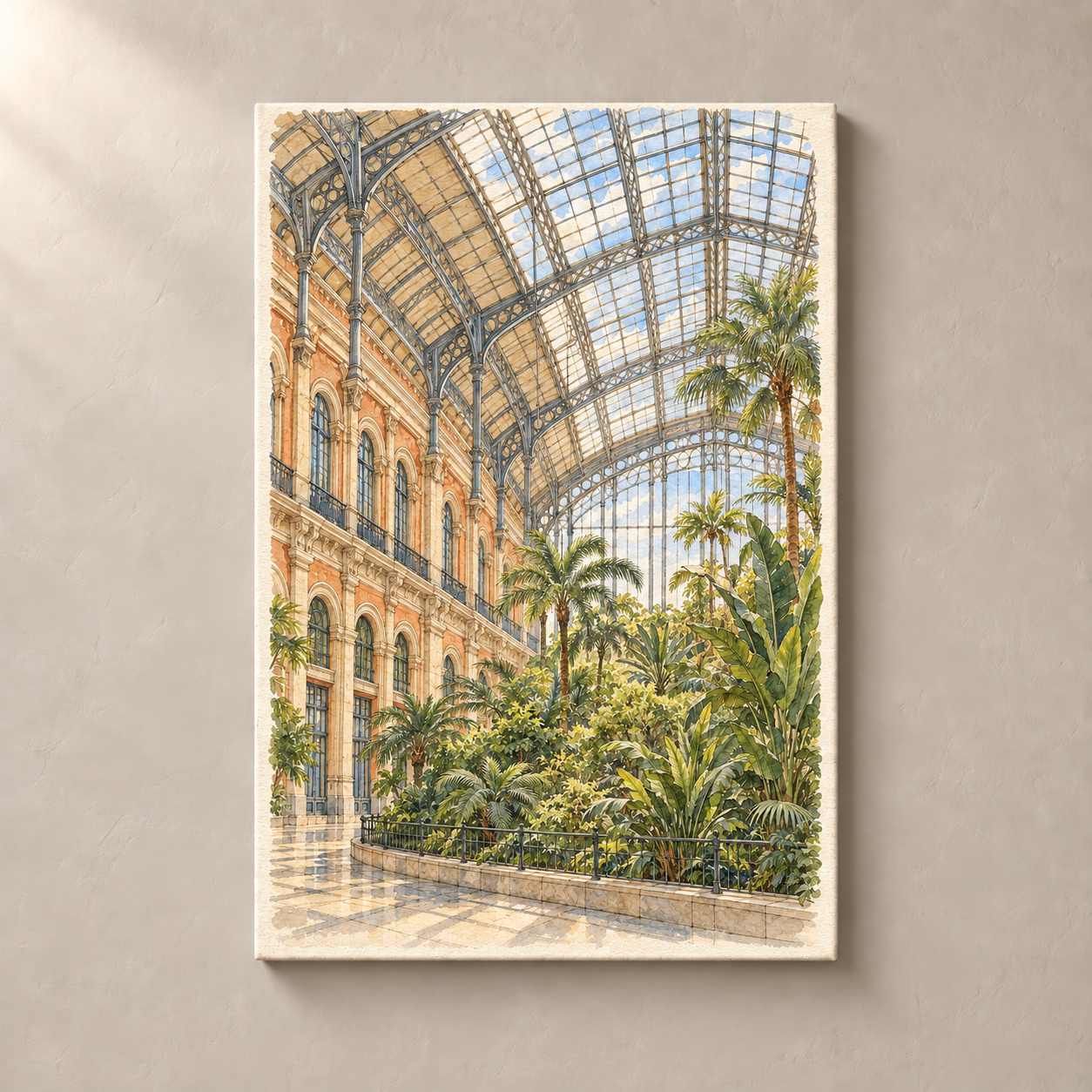 Atocha Tropical Garden in Watercolour – canvas standalone mockup on beige wall