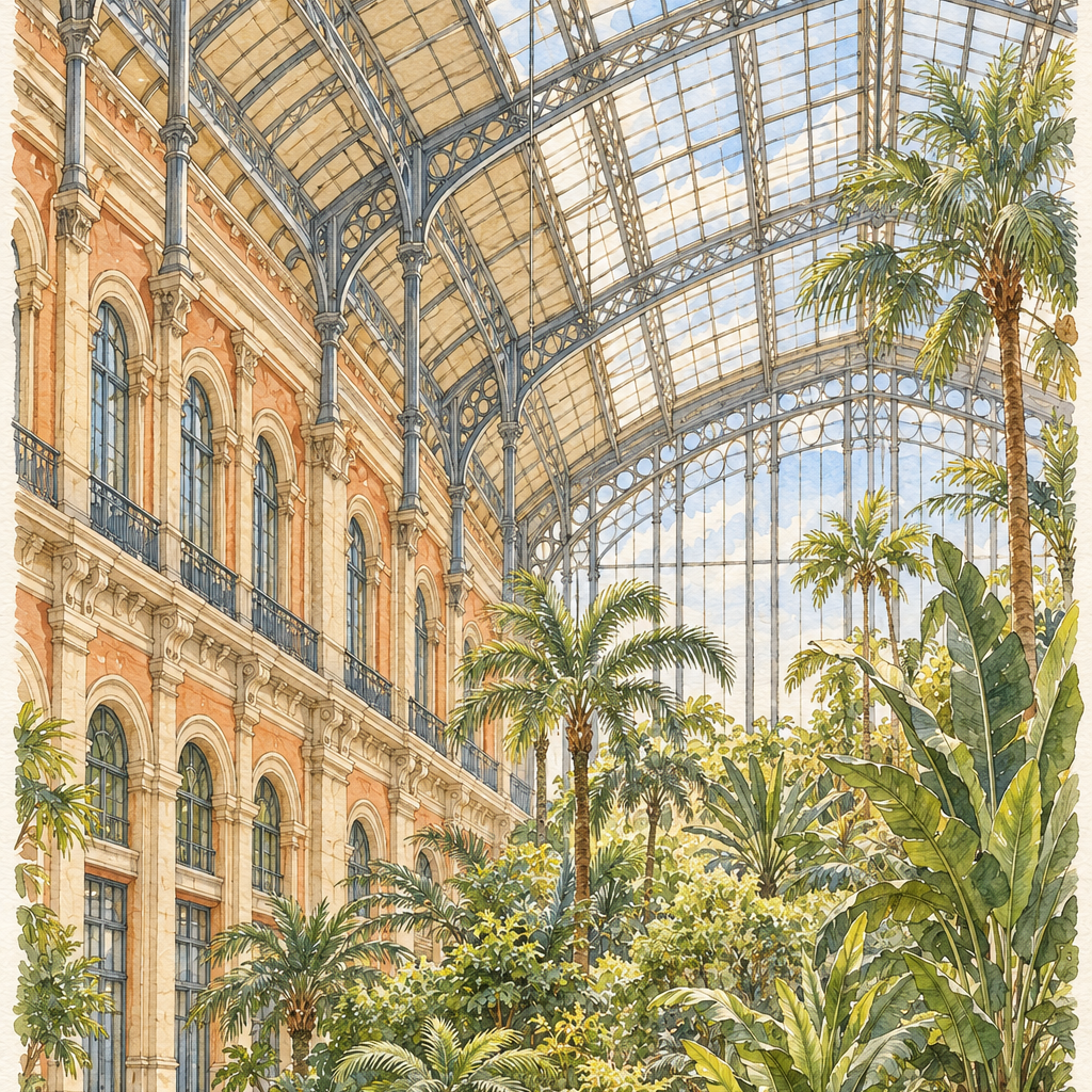 Atocha Tropical Garden in Watercolour, Madrid vertical ink and watercolour artwork