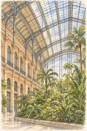 Atocha Tropical Garden in Watercolour, Madrid vertical ink and watercolour artwork