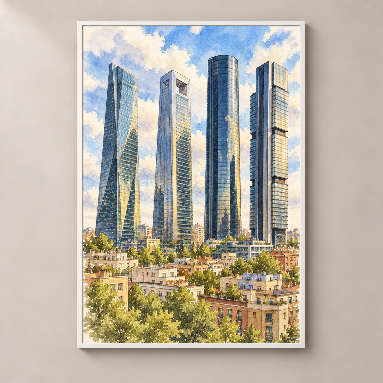 Cuatro Torres above Madrid – poster standalone mockup on beige wall