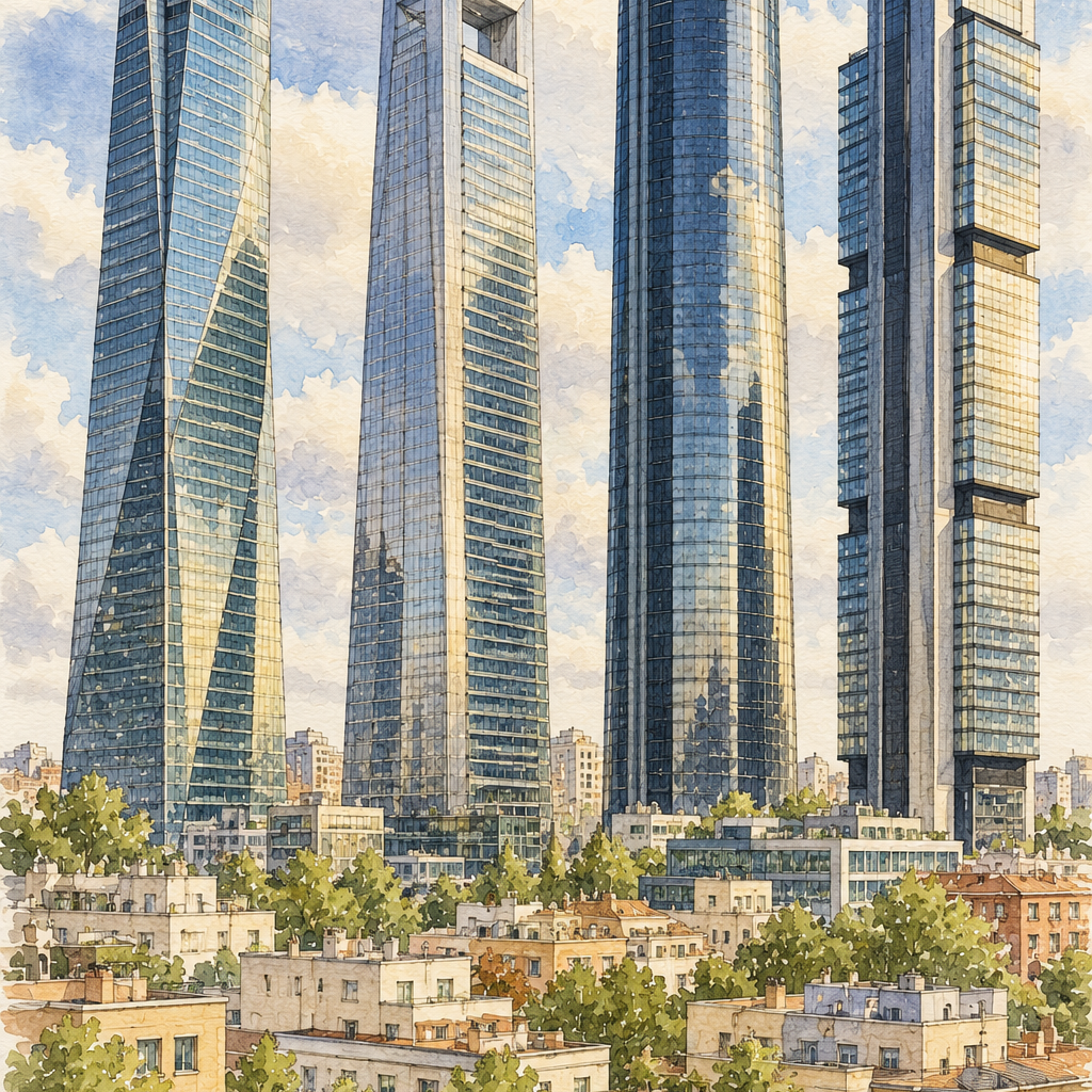 Cuatro Torres above Madrid, Madrid vertical ink and watercolour artwork