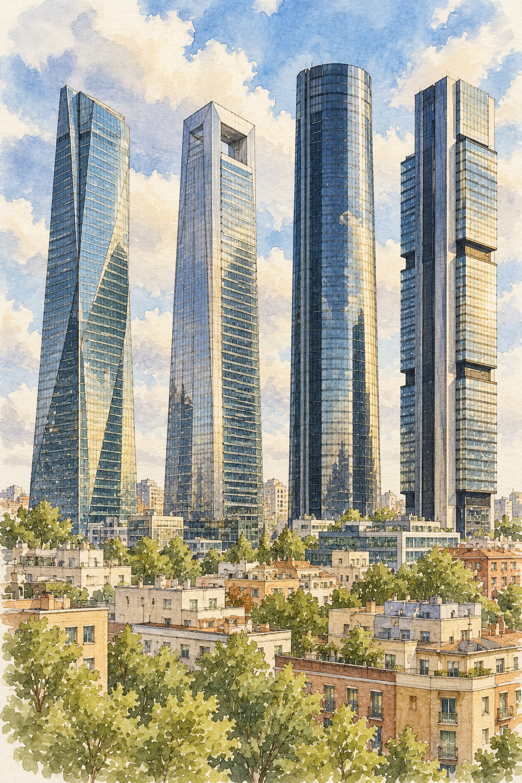 Cuatro Torres above Madrid, Madrid vertical ink and watercolour artwork