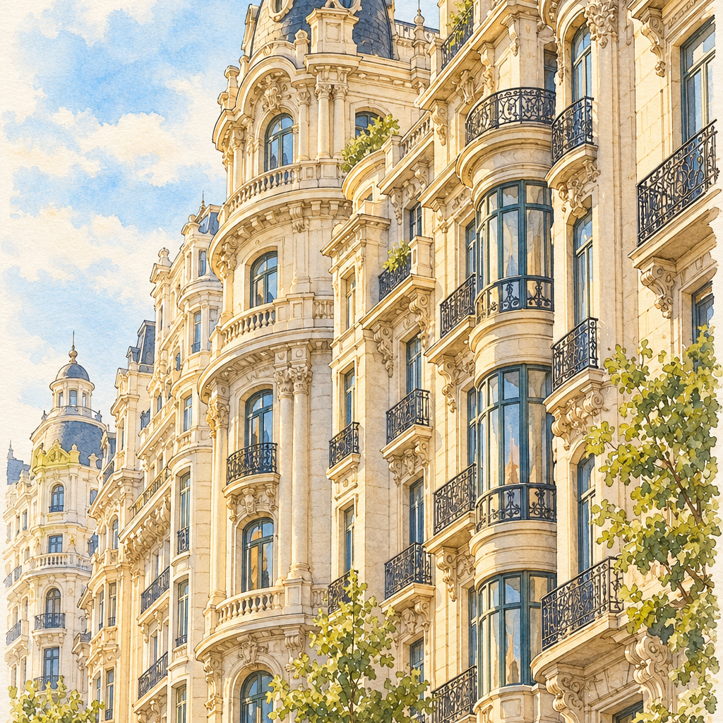 Gran Via in Warm Afternoon Light, Madrid vertical ink and watercolour artwork