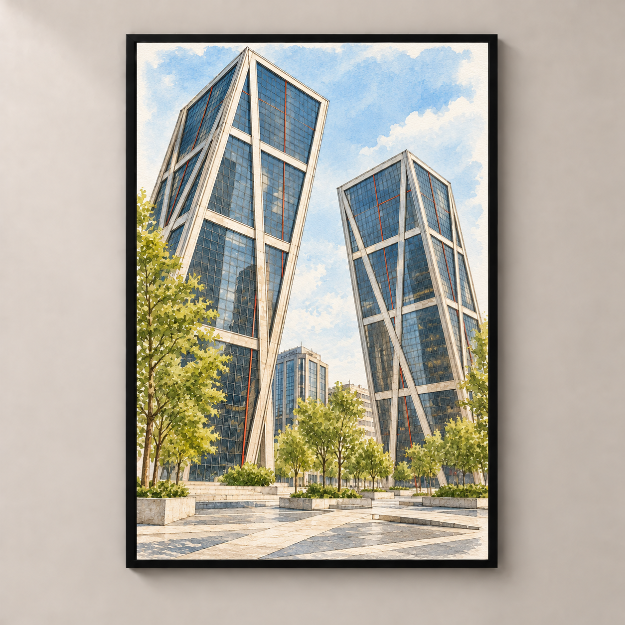 Madrid Leaning Glass Towers – poster standalone mockup on beige wall
