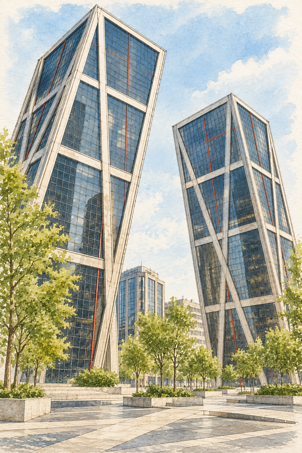 Madrid Leaning Glass Towers, Madrid vertical ink and watercolour artwork
