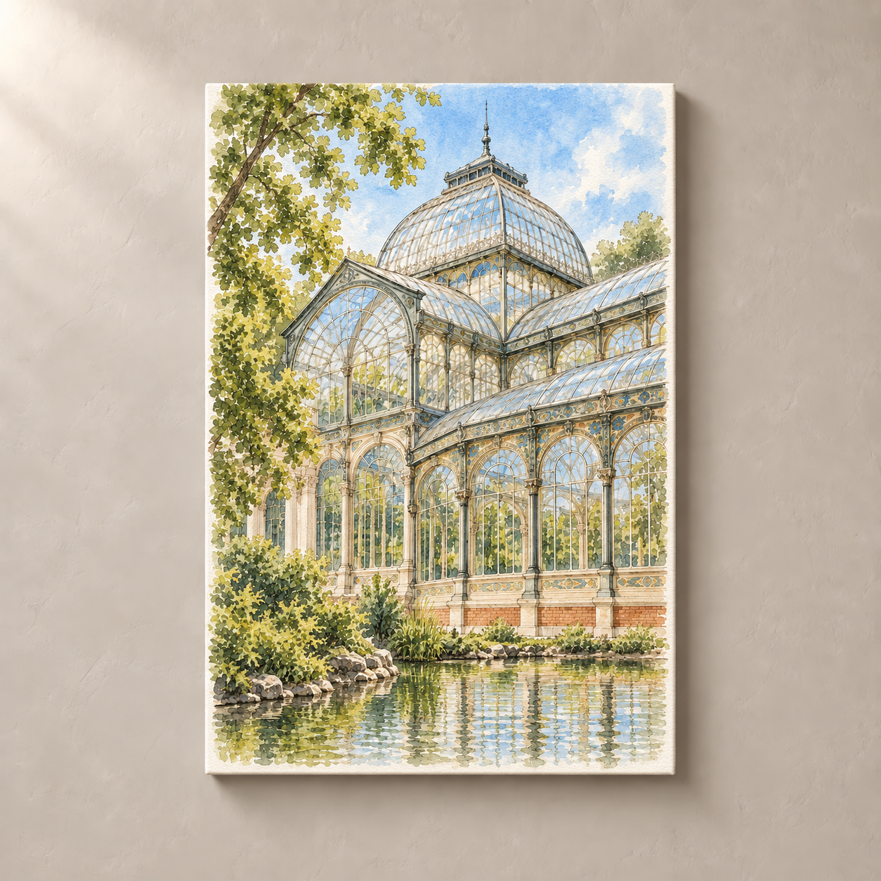 Palacio de Cristal in Retiro – canvas standalone mockup on beige wall