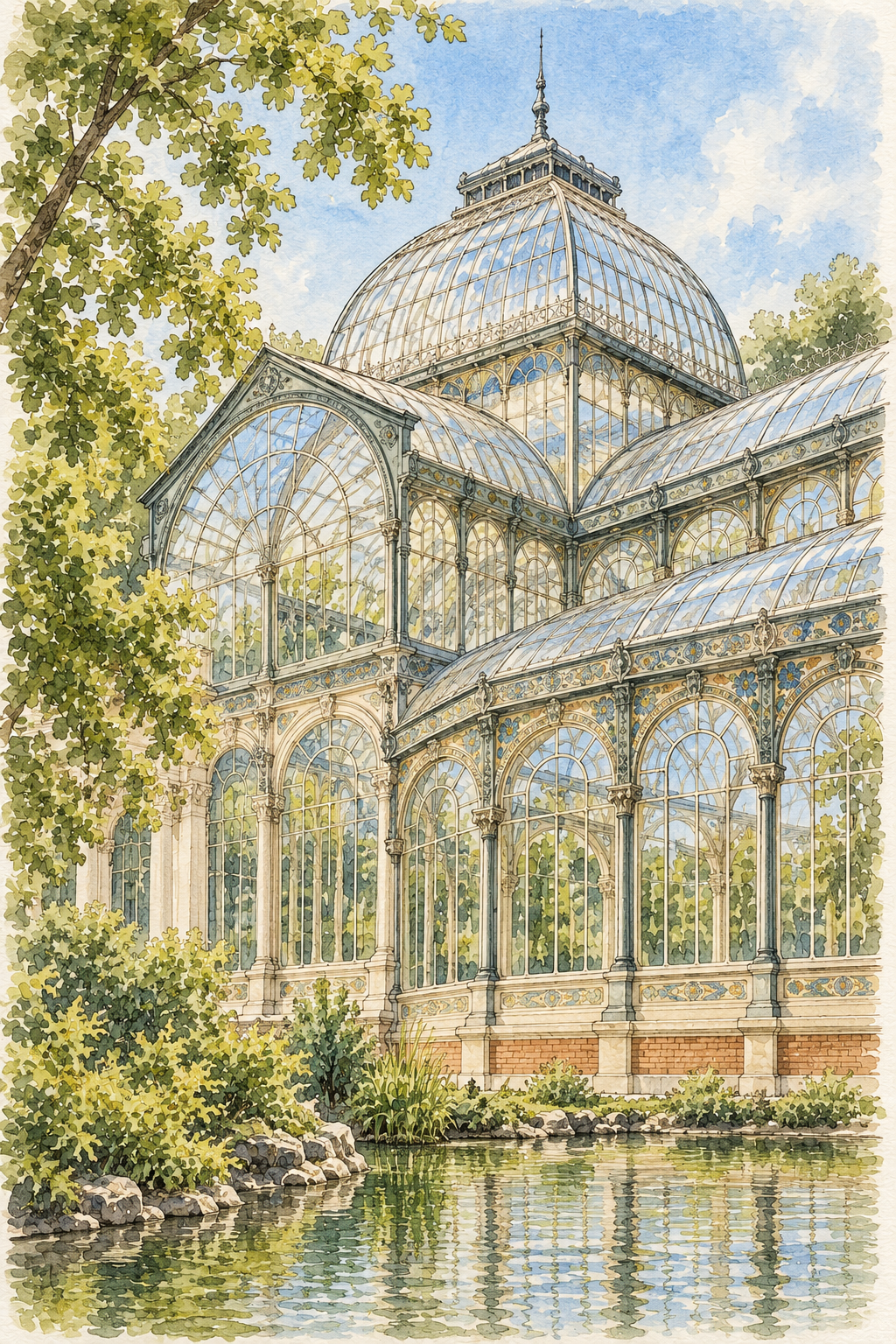 Palacio de Cristal in Retiro, Madrid vertical ink and watercolour artwork