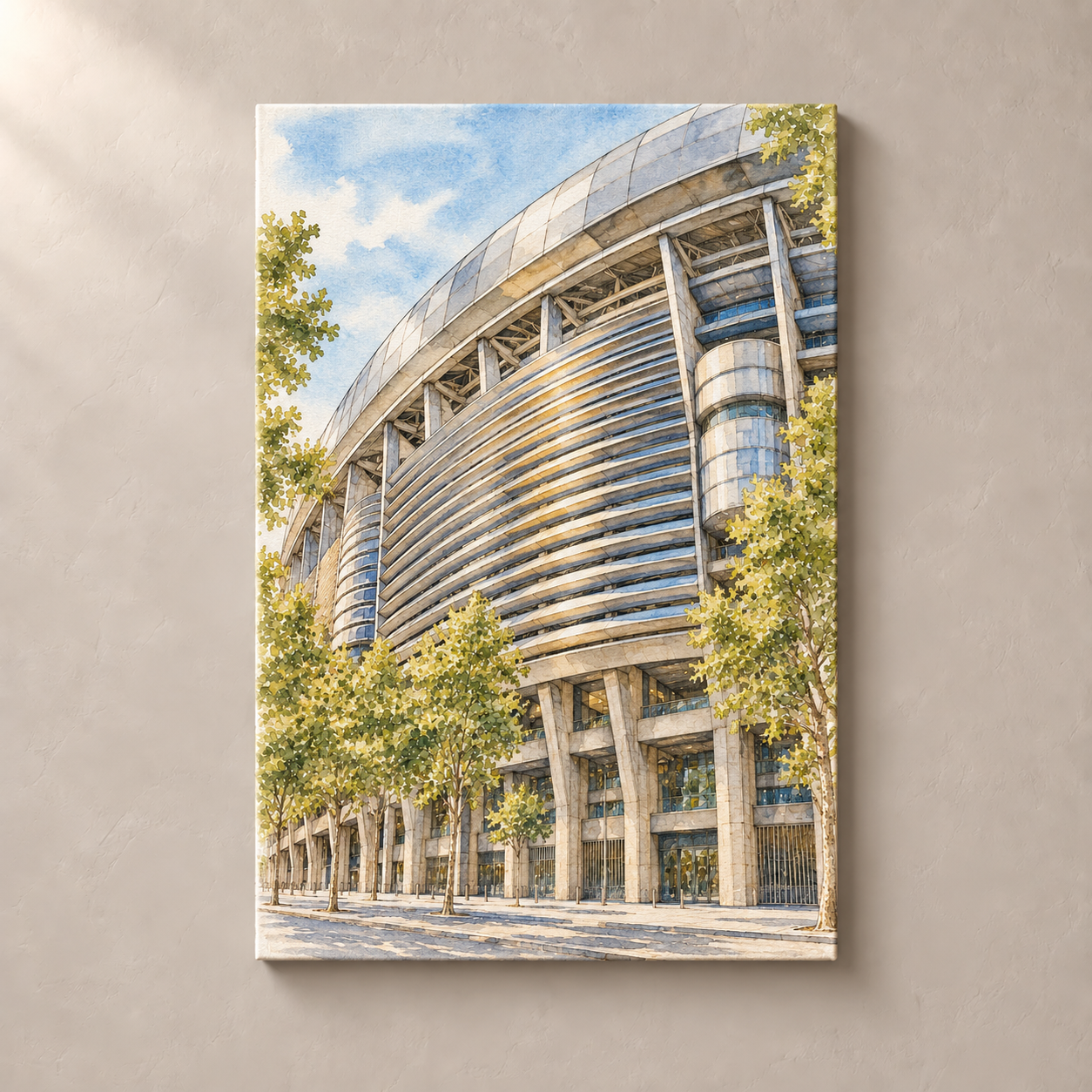 Santiago Bernabeu in Watercolour – canvas standalone mockup on beige wall