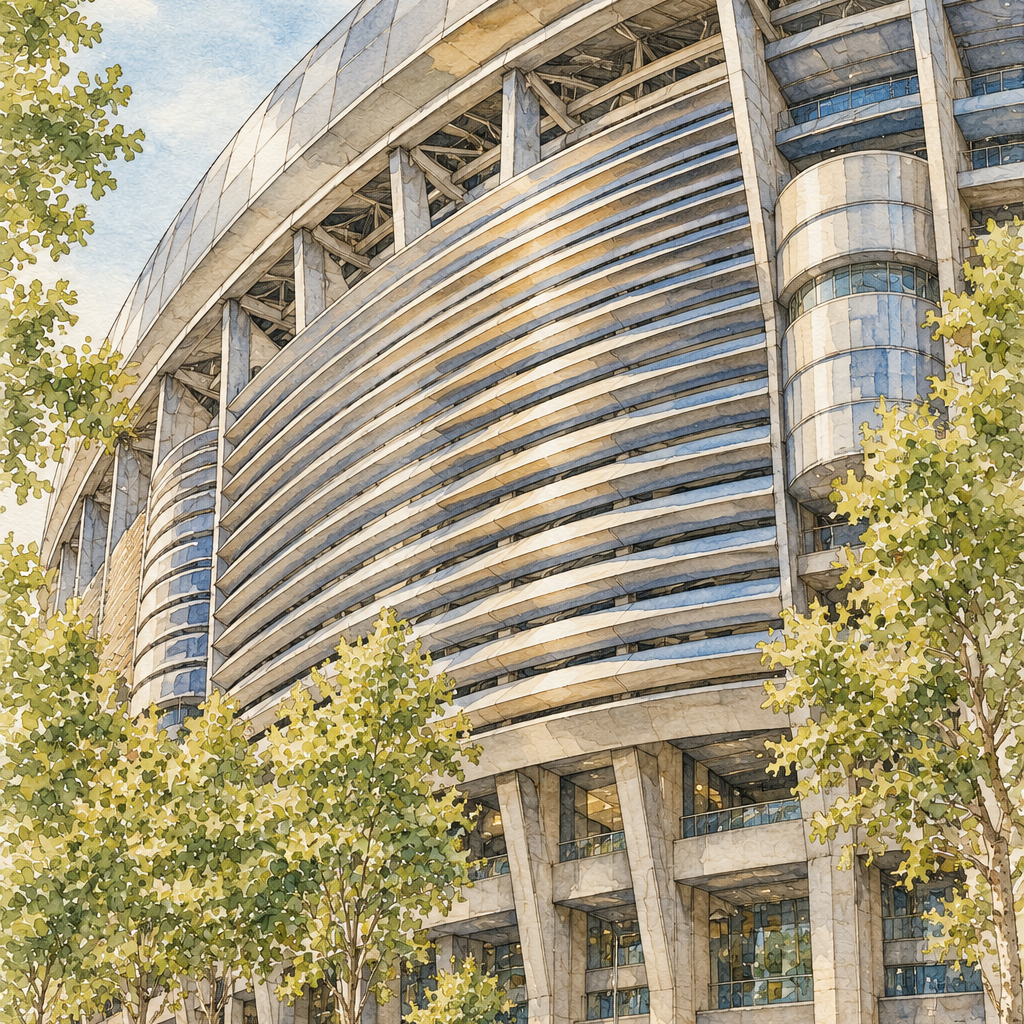 Santiago Bernabeu in Watercolour, Madrid vertical ink and watercolour artwork