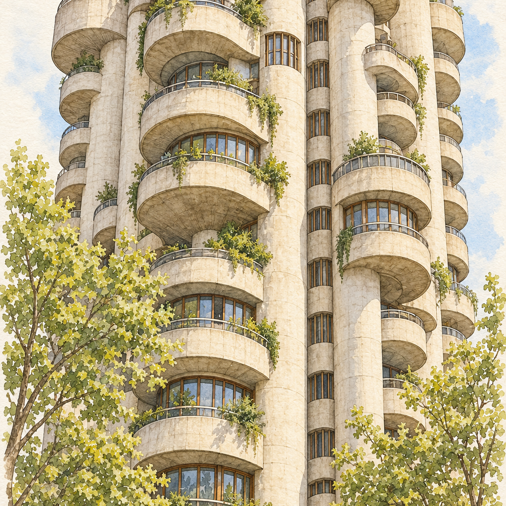 Torres Blancas in Soft Watercolour, Madrid vertical ink and watercolour artwork