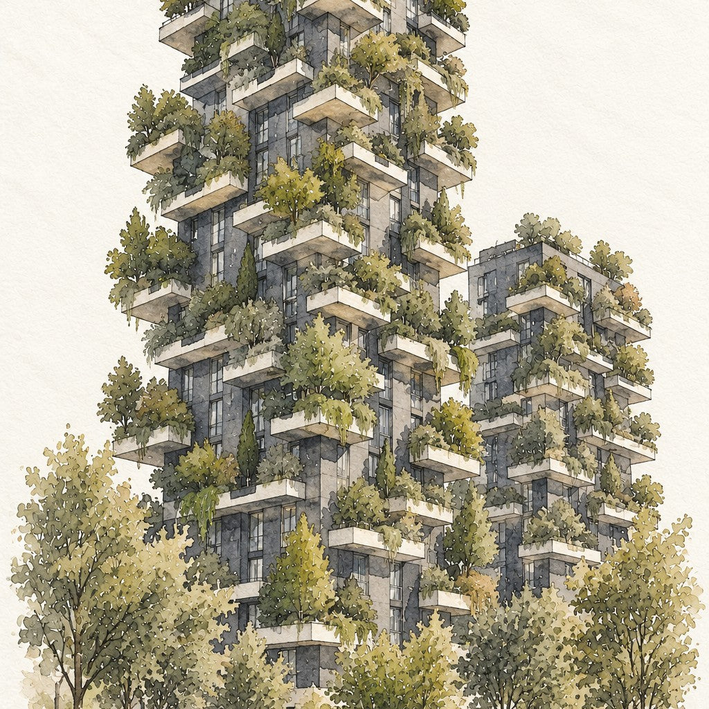 Bosco Verticale in Watercolour, Milan vertical ink and watercolour artwork