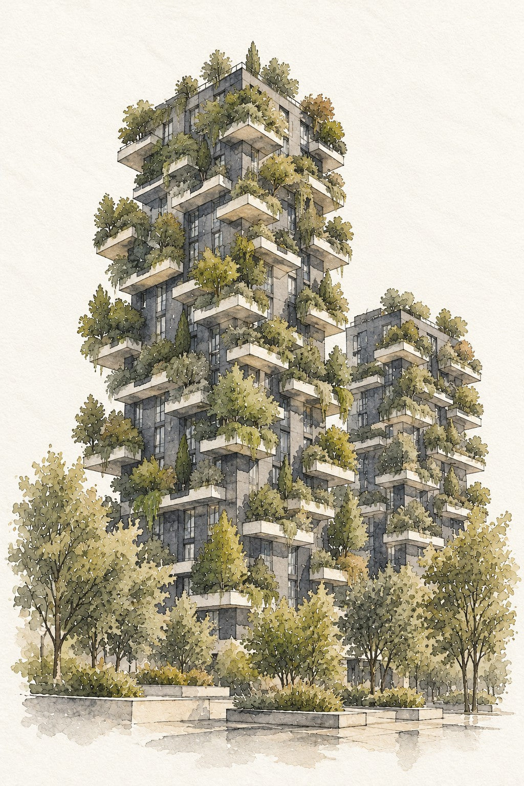 Bosco Verticale in Watercolour, Milan vertical ink and watercolour artwork