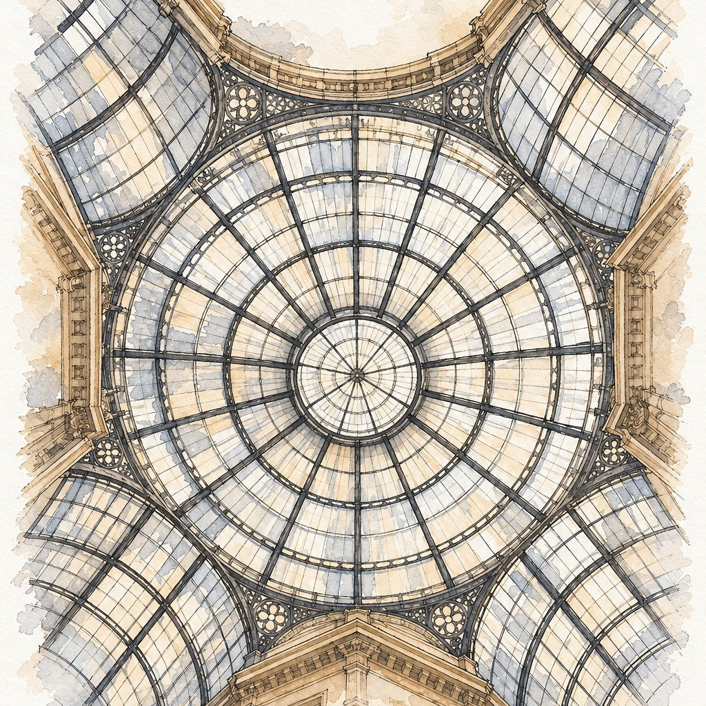 Galleria Vittorio Emanuele II in Watercolour, Milan vertical ink and watercolour artwork