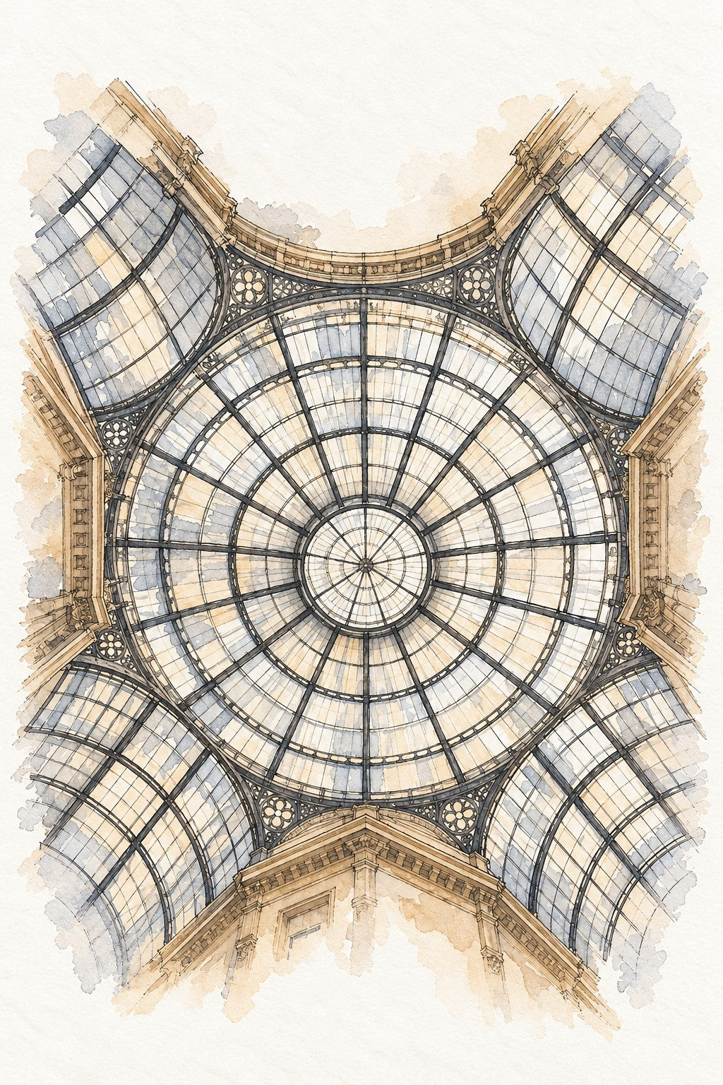 Galleria Vittorio Emanuele II in Watercolour, Milan vertical ink and watercolour artwork