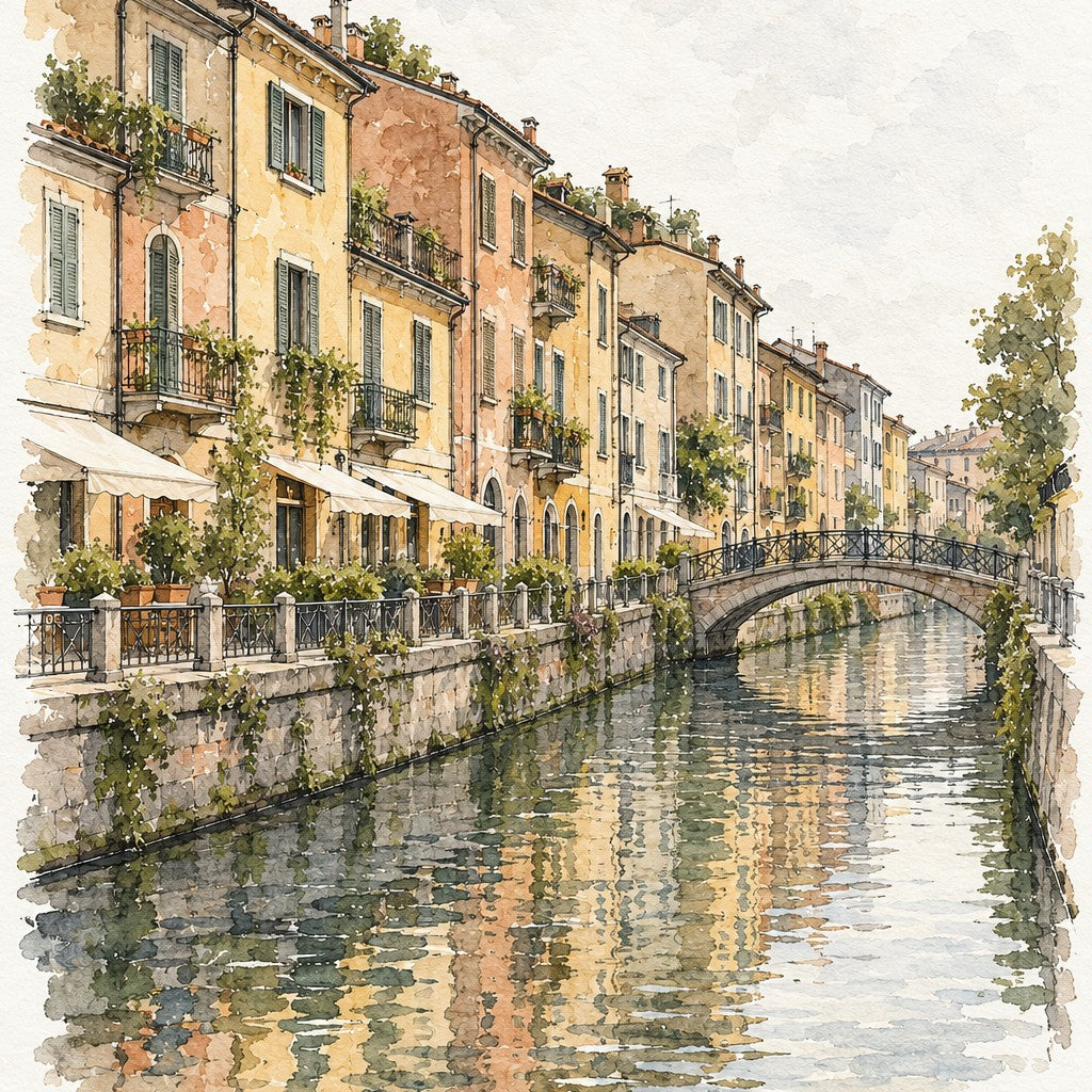 Navigli Canal in Watercolour, Milan vertical ink and watercolour artwork