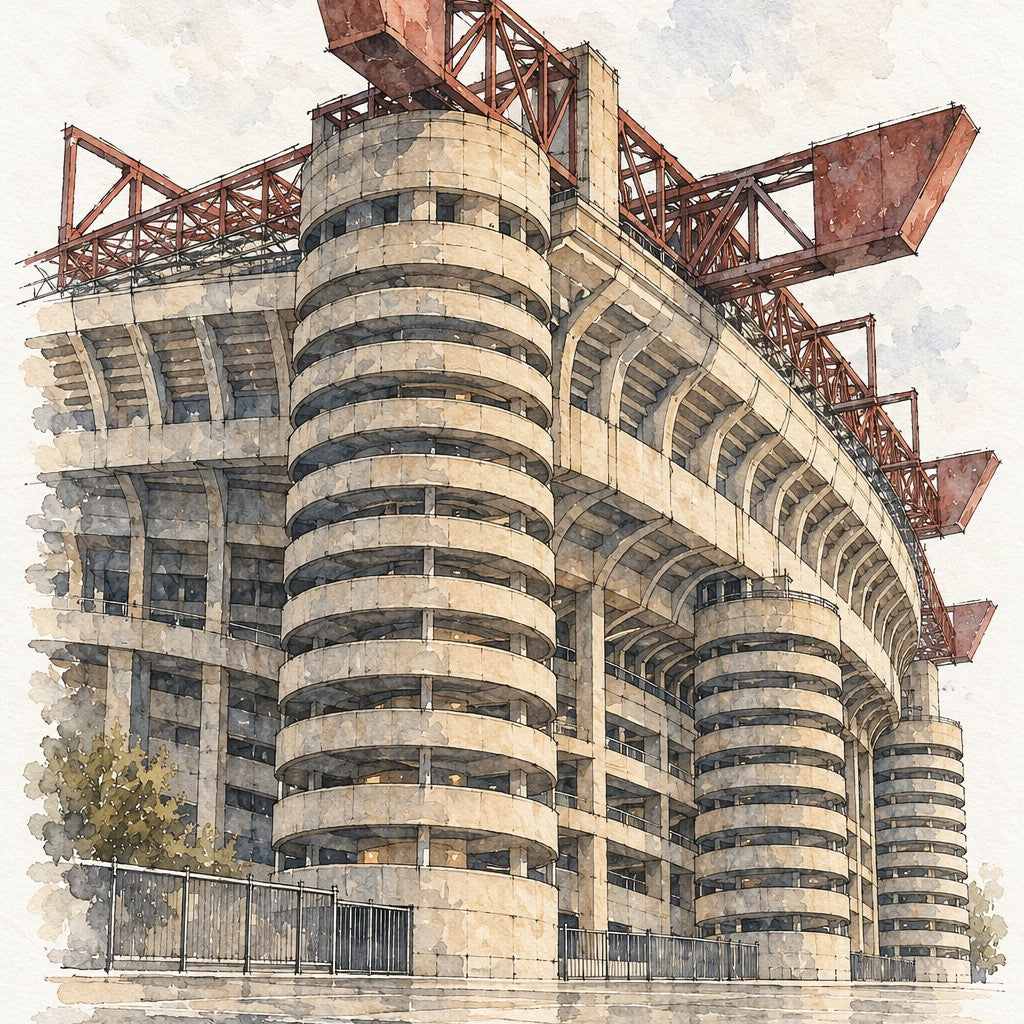 San Siro Stadium in Watercolour, Milan vertical ink and watercolour artwork