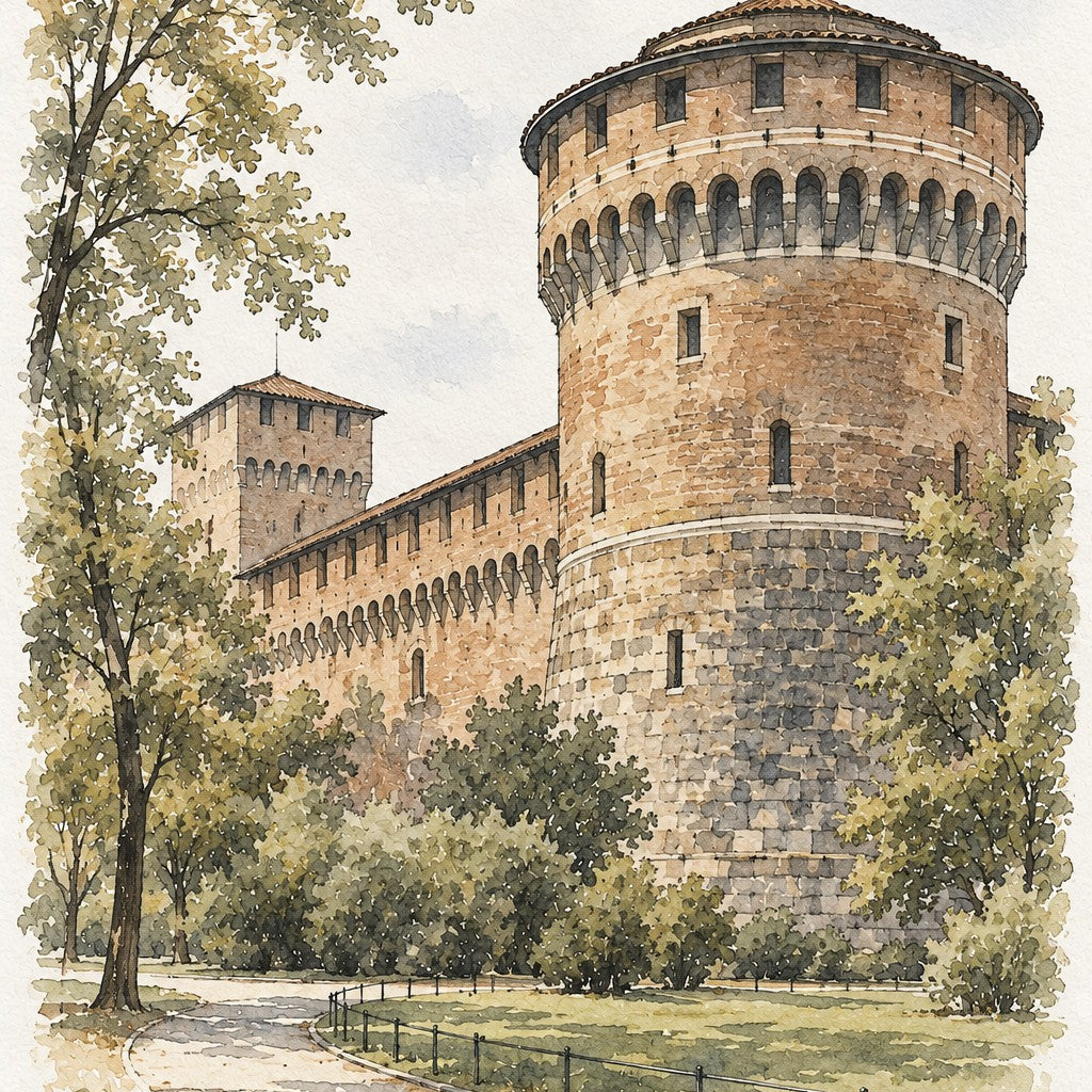 Sforza Castle in Watercolour, Milan vertical ink and watercolour artwork