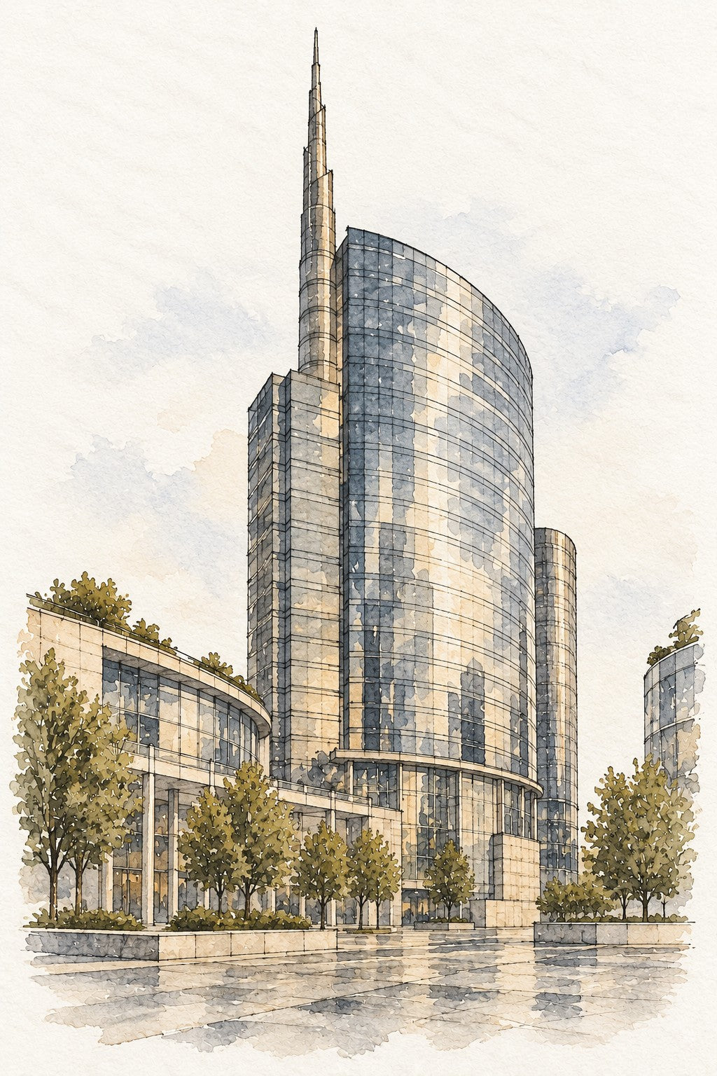 UniCredit Tower in Watercolour, Milan vertical ink and watercolour artwork