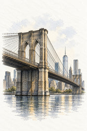 Brooklyn Bridge over the East River, New York vertical ink and watercolour artwork