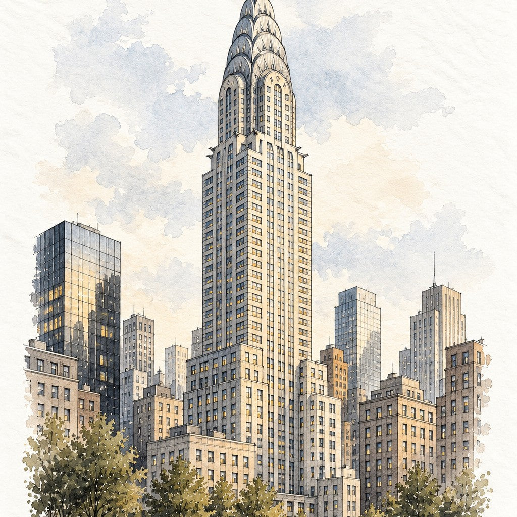 Chrysler Building in Watercolour, New York vertical ink and watercolour artwork