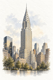 Chrysler Building in Watercolour, New York vertical ink and watercolour artwork